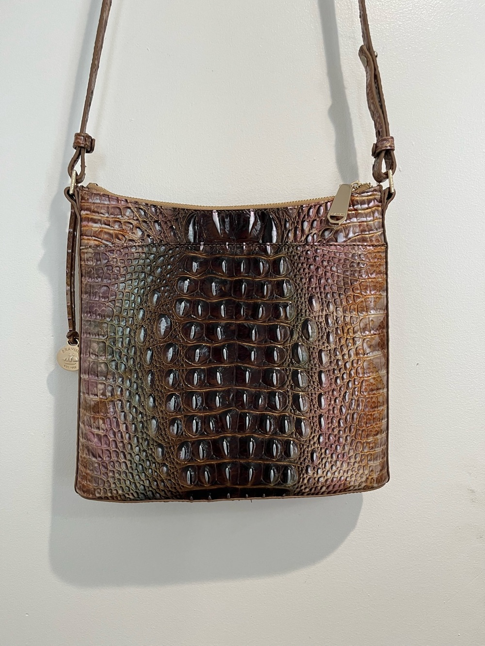 Brahmin Brown & Green Iridescent Croc-Embossed Leather Crossbody Katie‎ Bag - Picture 3 of 14